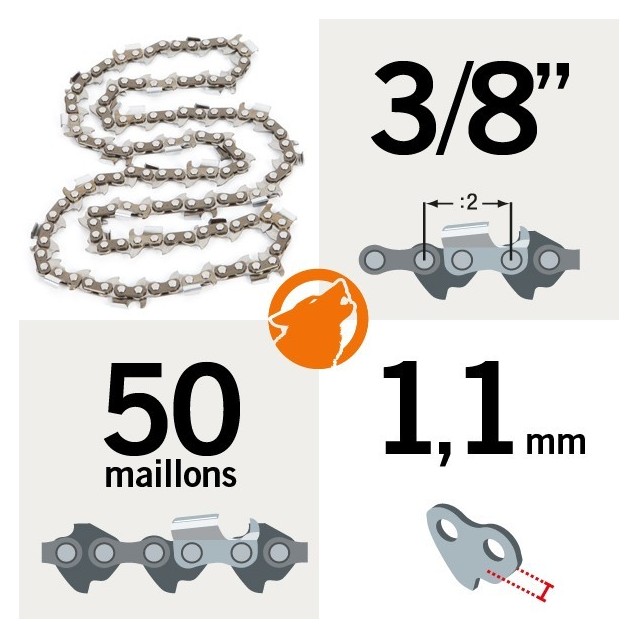 Chaîne pour KERWOOD 50 maillons 3/8",1,1mm Chaîne pour KERWOOD 50 maillons 3/8",1,1mm