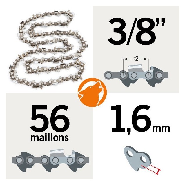 CHAINE TRONCONNEUSE PAS 3/8 - JAUGE 063 - 1.6MM - 72 MAILLONS