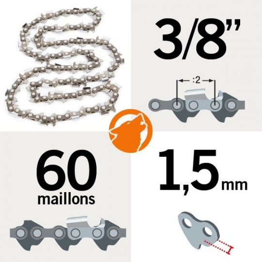 Chaîne pour KERWOOD 60 maillons 3/8", 1,5mm