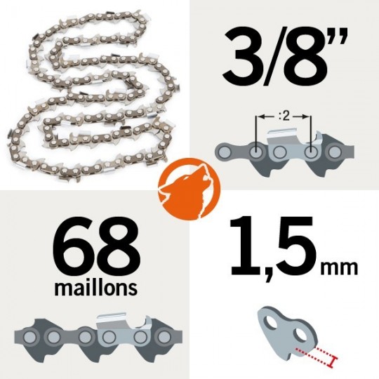 Chaîne pour KERWOOD 68 maillons 3/8",1,5mm