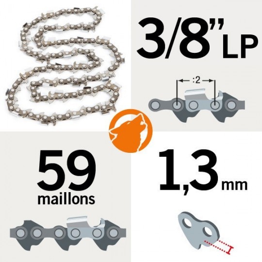 Chaîne  tronçonneuse  KERWOOD 59 maillons 3/8"LP ,1,3mm