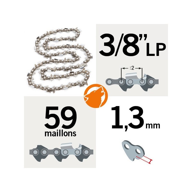 Chaîne  tronçonneuse  KERWOOD 59 maillons 3/8"LP ,1,3mm