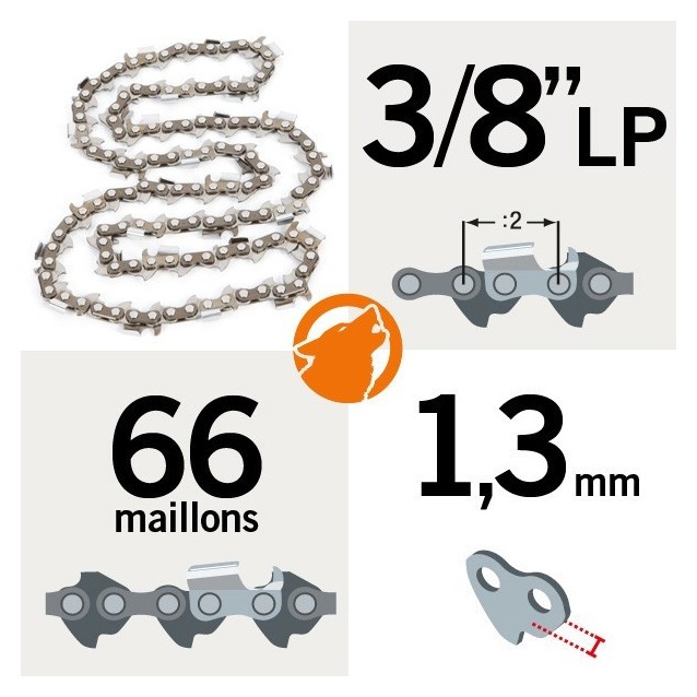 Chaîne tronçonneuse KERWOOD 66 maillons 3/8"LP ,1,3mm Chaîne tronçonneuse KERWOOD 66 maillons 3/8"LP ,1,3mm