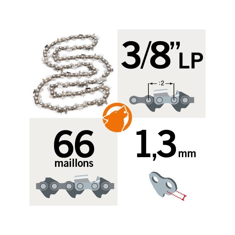 Chaîne  tronçonneuse  KERWOOD 66 maillons 3/8"LP ,1,3mm