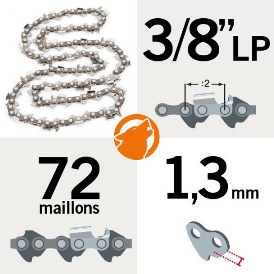 Chaîne tronçonneuse KERWOOD 72 maillons 3/8"LP, 1,3mm