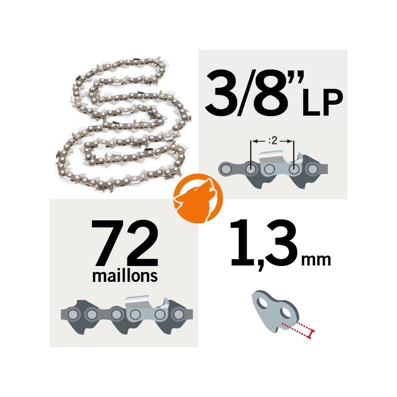 Chaîne tronçonneuse KERWOOD 72 maillons 3/8"LP, 1,3mm