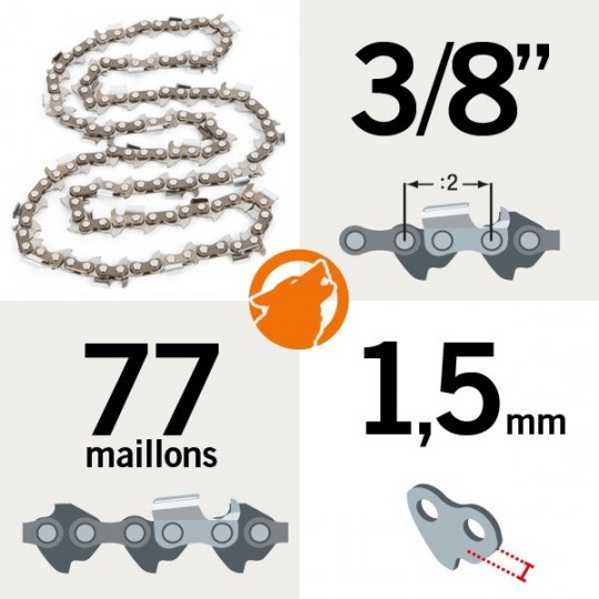 Chaîne tronçonneuse KERWOOD 77 maillons 3/8", 1,5mm