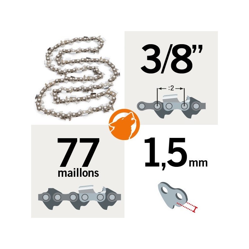 Chaîne tronçonneuse KERWOOD 77 maillons 3/8", 1,5mm