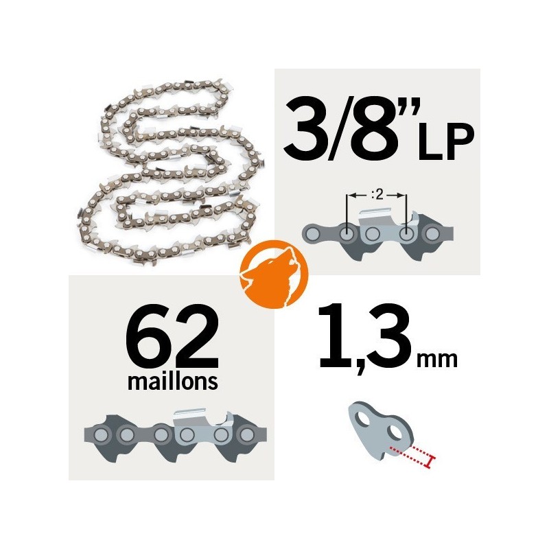 Chaîne tronçonneuse KERWOOD 62 maillons, 3/8" LP. 1,3 mm
