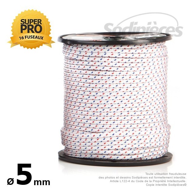 Corde de lanceur Ø 5 mm x 100 m. Cordon 16 fuseaux nylon.