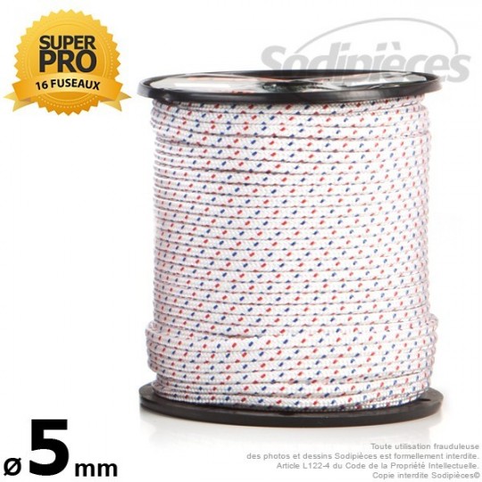 Corde de lanceur Ø 5 mm x 100 m. Cordon 16 fuseaux nylon.