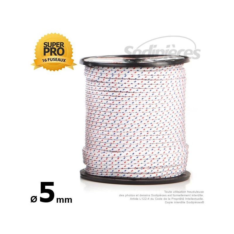 Corde de lanceur Ø 5 mm x 100 m. Cordon 16 fuseaux nylon.