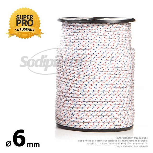 Corde de lanceur Ø 6 mm x 100 m. Cordon 16 fuseaux nylon.