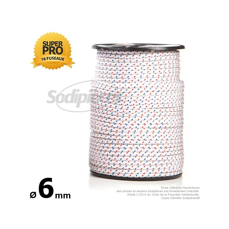 Corde de lanceur Ø 6 mm x 100 m. Cordon 16 fuseaux nylon.