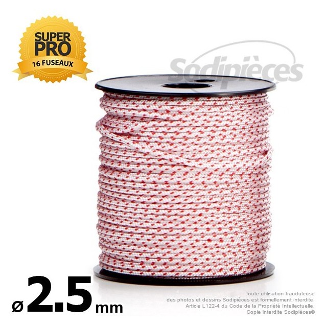 Corde de lanceur Ø 2,5 mm x 100 m. Cordon 16 fuseaux nylon.