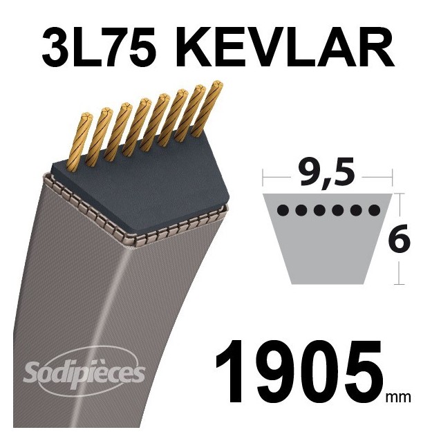 Courroie 3L75 Kevlar Trapézoïdale. 9,5 mm x 1905 mm. Courroie 3L75 Kevlar Trapézoïdale. 9,5 mm x 1905 mm.