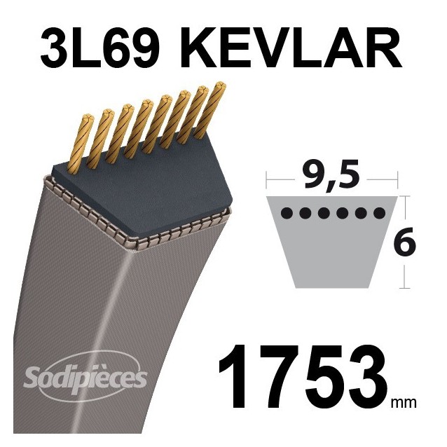 Courroie 3L69 Kevlar Trapézoïdale. 9,5 mm x 1753 mm.