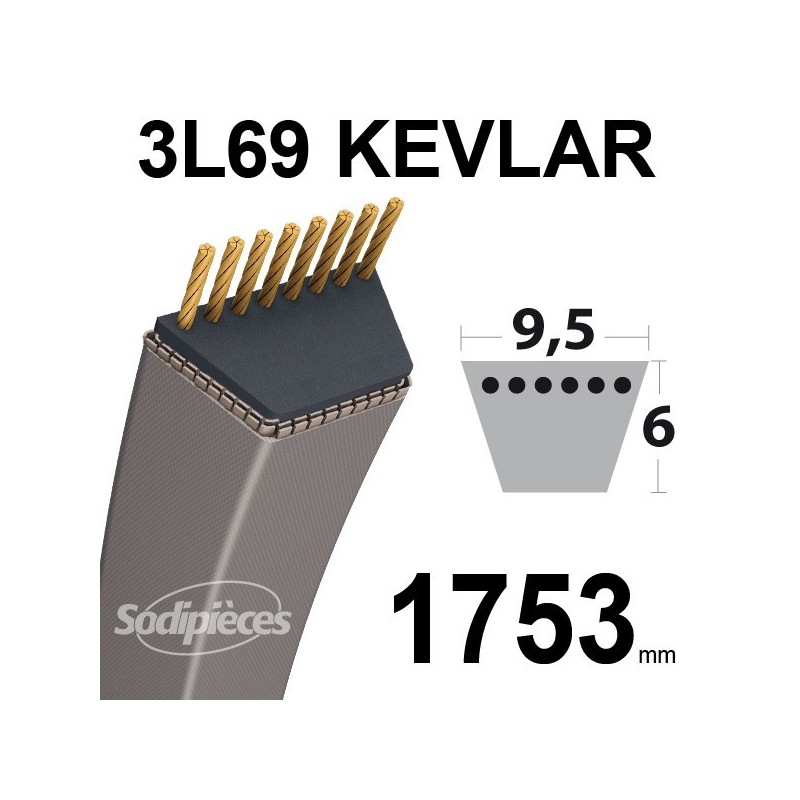 Courroie 3L69 Kevlar Trapézoïdale. 9,5 mm x 1753 mm.