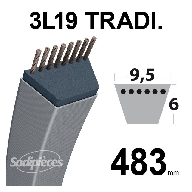 Courroie 3L190 Traditionnelle Trapézoïdale. 9,5 mm x 483 mm.