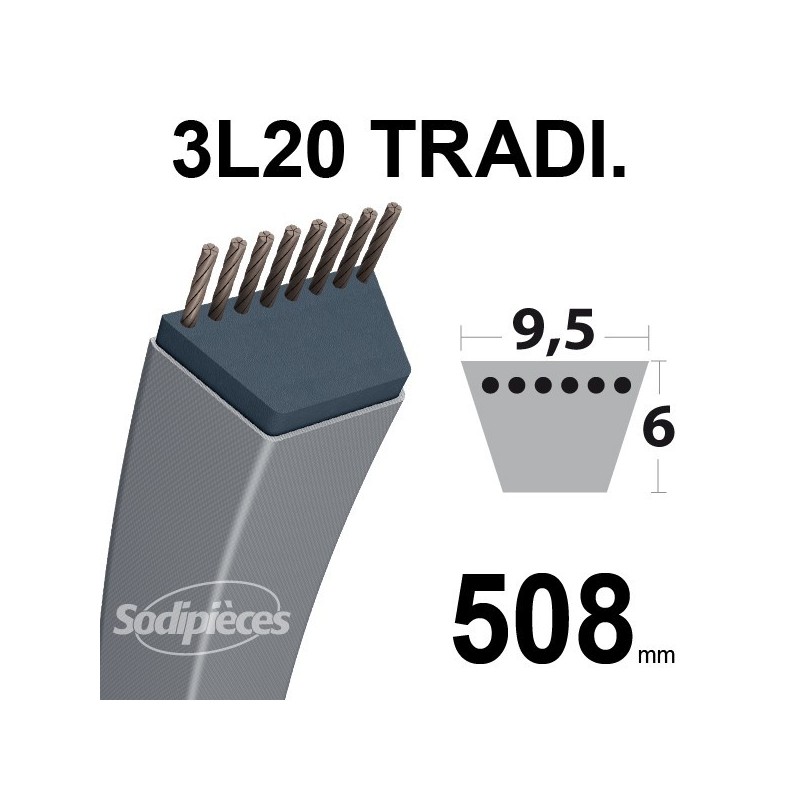 Courroie 3L200 Traditionnelle Trapézoïdale. 9,5 mm x 508 mm.