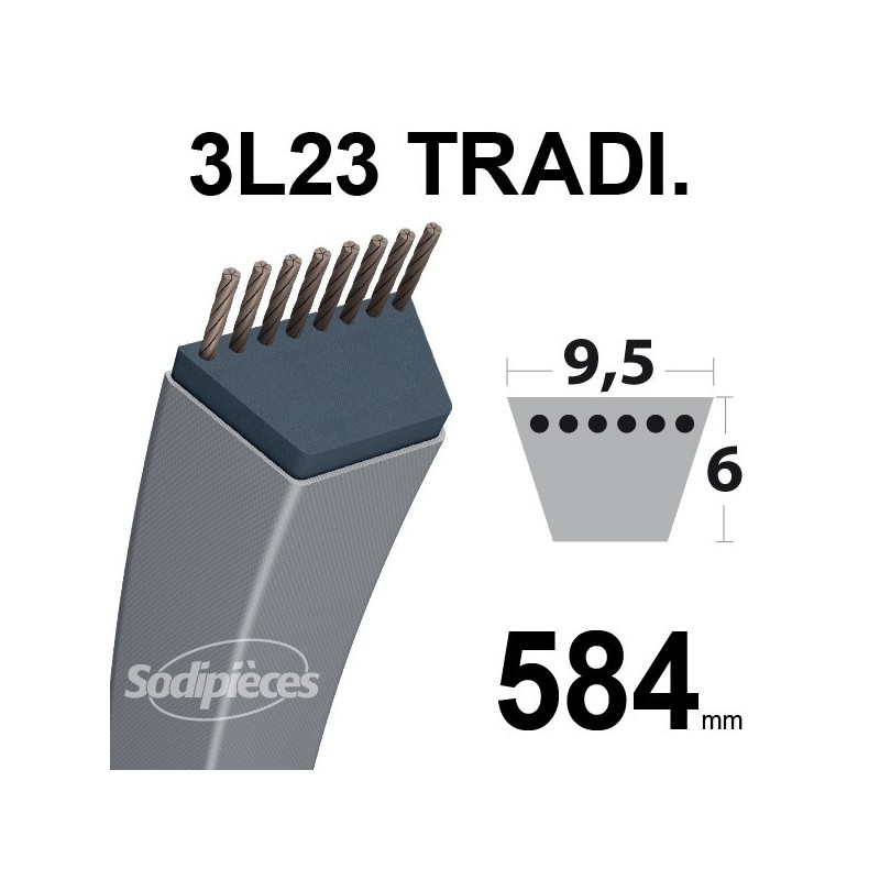 Courroie 3L230 Traditionnelle Trapézoïdale. 9,5 mm x 584 mm.