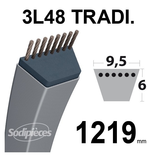 Courroie 3L480 Traditionnelle Trapézoïdale. 9,5 mm x 1219 mm.
