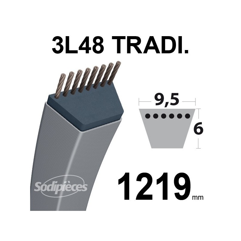 Courroie 3L480 Traditionnelle Trapézoïdale. 9,5 mm x 1219 mm.
