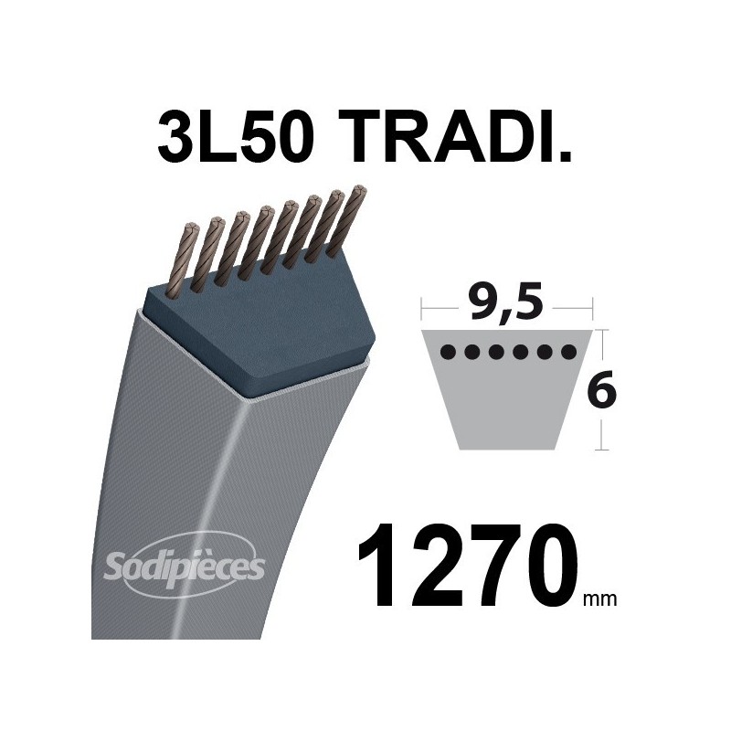 Courroie 3L500 Traditionnelle Trapézoïdale. 9,5 mm x 1270 mm.