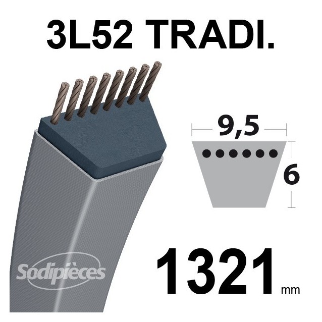 Courroie 3L520 Traditionnelle Trapézoïdale. 9,5 mm x 1321 mm.