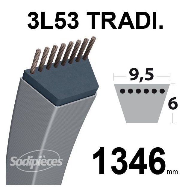 Courroie 3L530 Traditionnelle Trapézoïdale. 9,5 mm x 1346 mm.