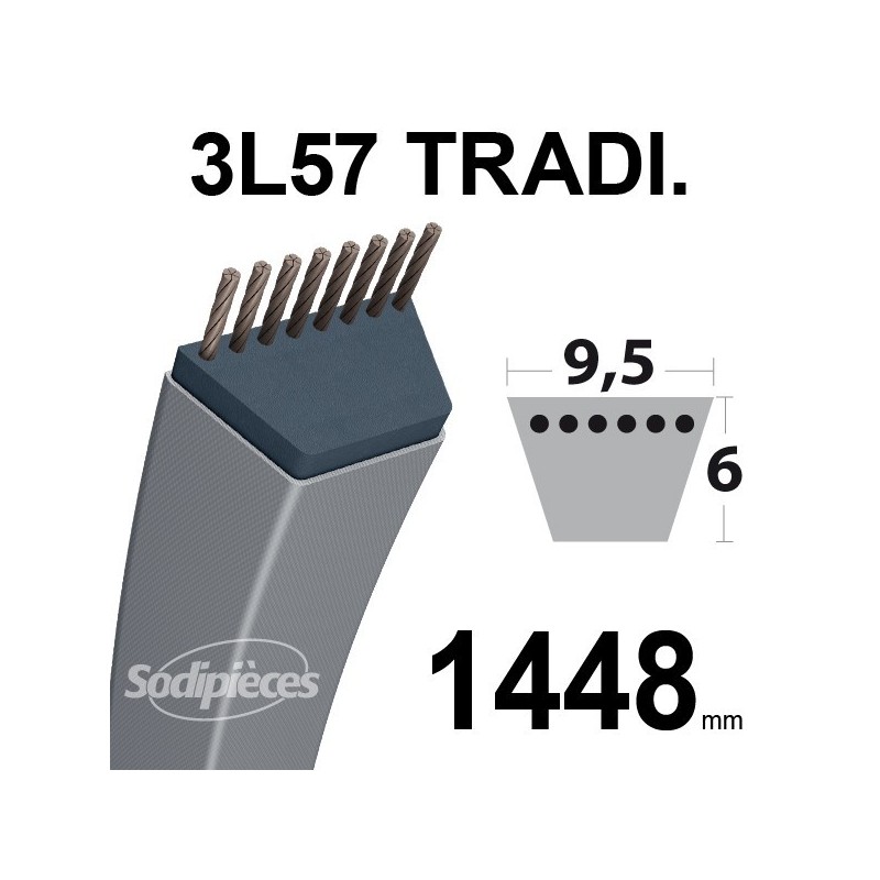 Courroie 3L570 Traditionnelle Trapézoïdale. 9,5 mm x 1448 mm.