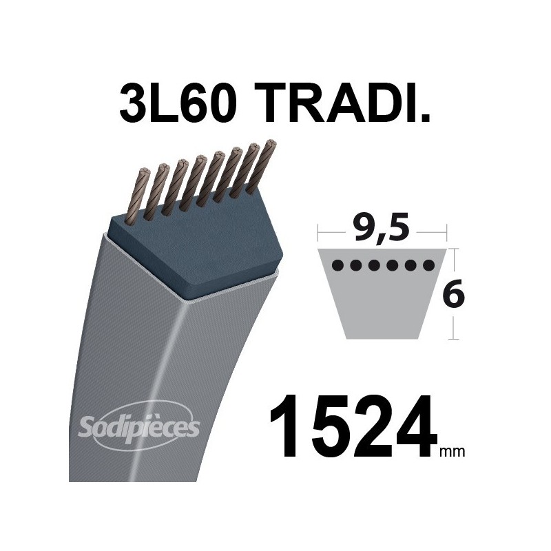 Courroie 3L600 Traditionnelle Trapézoïdale. 9,5 mm x 1524 mm.