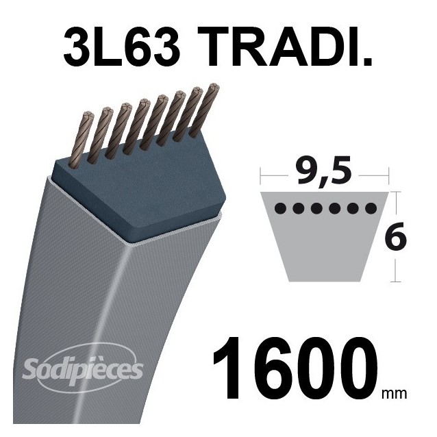 Courroie 3L630 Traditionnelle Trapézoïdale. 9,5 mm x 1600 mm.