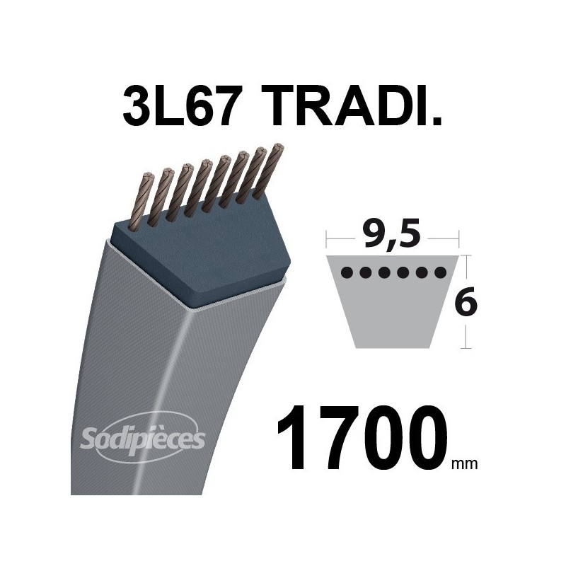 Courroie 3L670 Traditionnelle Trapézoïdale. 9,5 mm x 1700 mm.