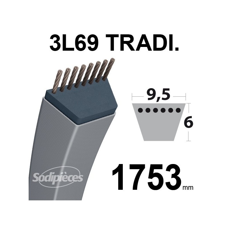 Courroie 3L690 Traditionnelle Trapézoïdale. 9,5 mm x 1753 mm.