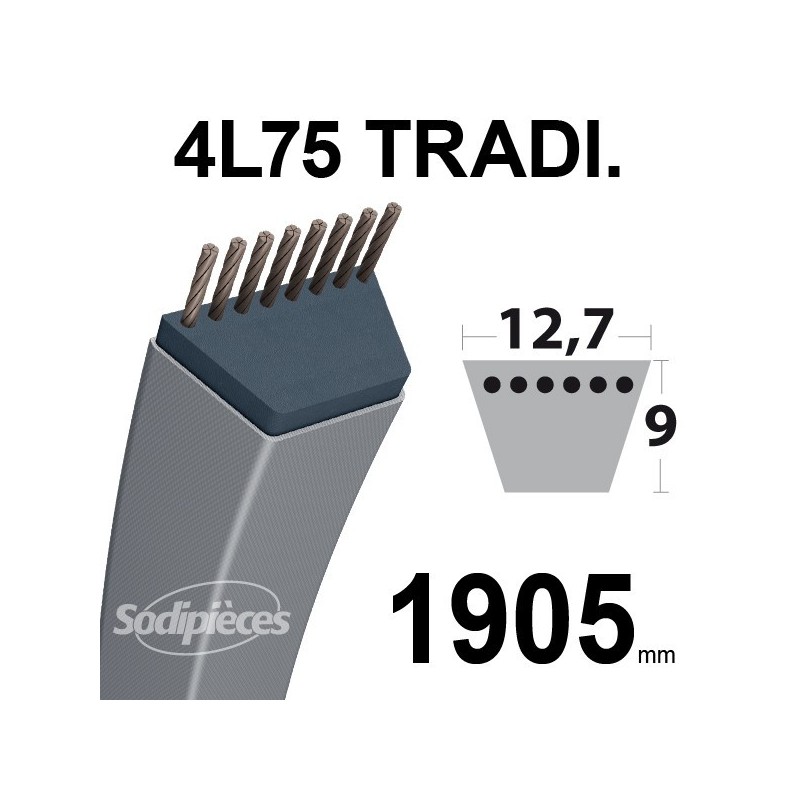 Courroie 4L750 Traditionnelle Trapézoïdale. 12,7 mm x 1905 mm.