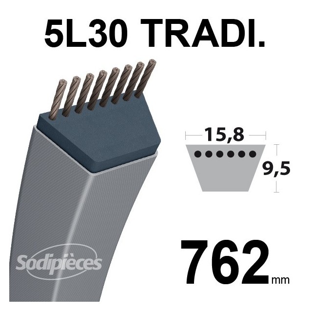 Courroie 5L300 Traditionnelle Trapézoïdale. 15,8 mm x 762 mm.