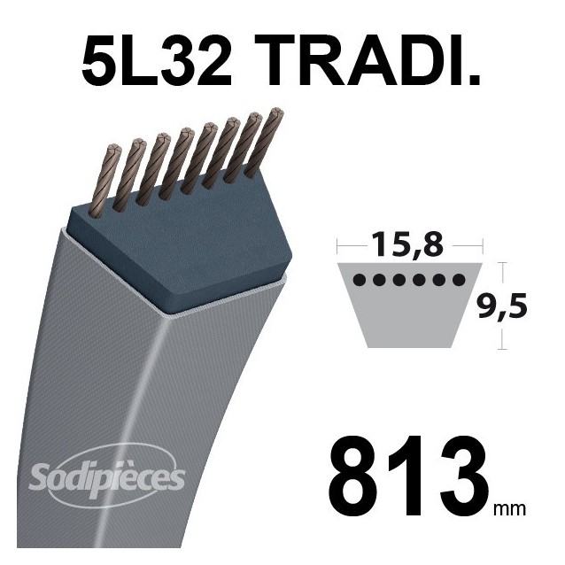 Courroie 5L320 Traditionnelle Trapézoïdale. 15,8 mm x 813 mm.