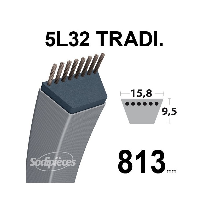 Courroie 5L320 Traditionnelle Trapézoïdale. 15,8 mm x 813 mm.