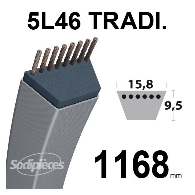 Courroie 5L460 Traditionnelle Trapézoïdale. 15,8 mm x 1168 mm.