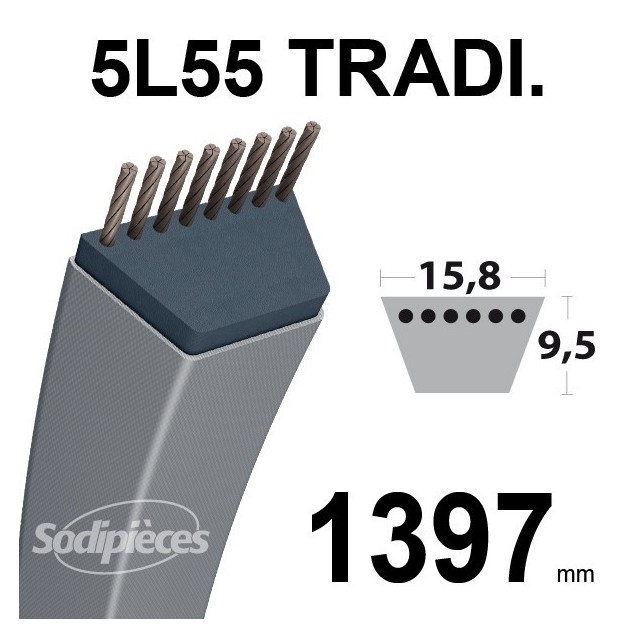 Courroie 5L550 Traditionnelle Trapézoïdale. 15,8 mm x 1397 mm.