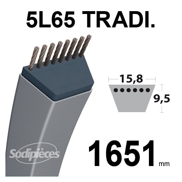 Courroie 5L650 Traditionnelle Trapézoïdale. 15,8 mm x 1651 mm.