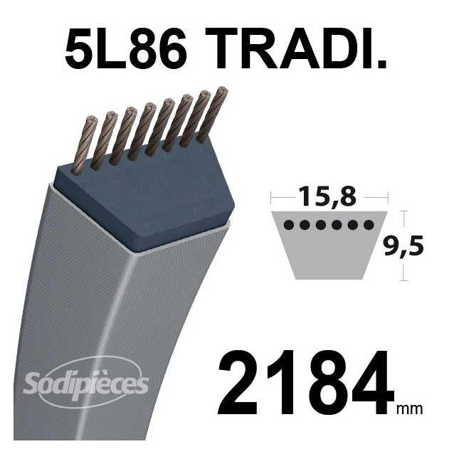 Courroie 5L860 Traditionnelle Trapézoïdale. 15,8 mm x 2184 mm.