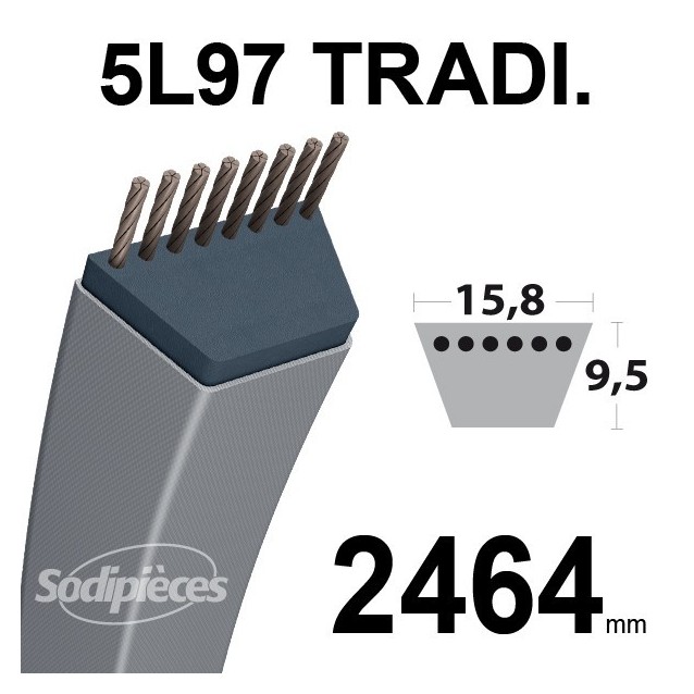Courroie 5L970 Traditionnelle Trapézoïdale. 15,8 mm x 2464 mm.