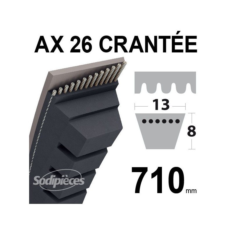 Courroie AX26 Trapézoïdale Crantée. 13 mm x 730 mm.