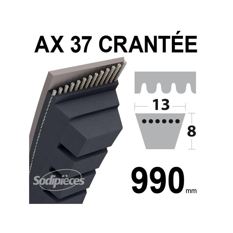 Courroie AX37 Trapézoïdale crantée. 13 mm x 990 mm.