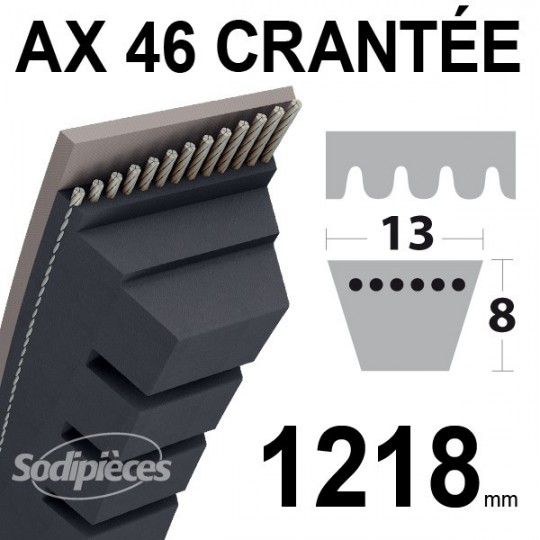 Courroie AX46 Trapézoïdale crantée. 13 mm x 1218 mm.