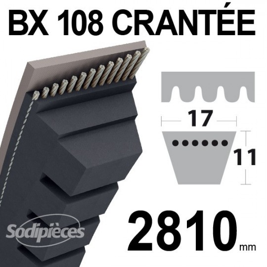 Courroie BX108 Trapézoïdale crantée. 17 mm x 2810 mm.