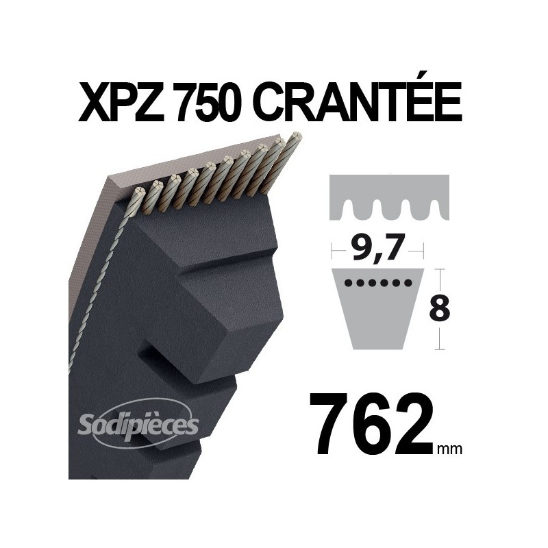Courroie XPZ750 Trapézoïdale crantée. 9,7 mm x 762 mm.