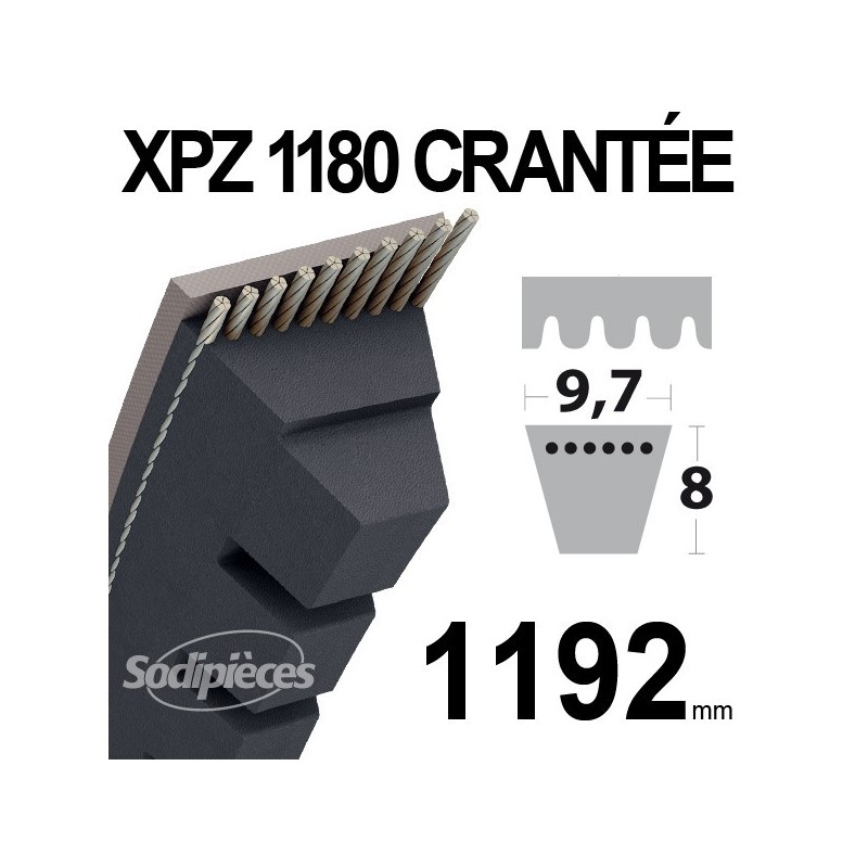 Courroie XPZ1180 Trapézoïdale crantée. 9,7 mm x 1192 mm.